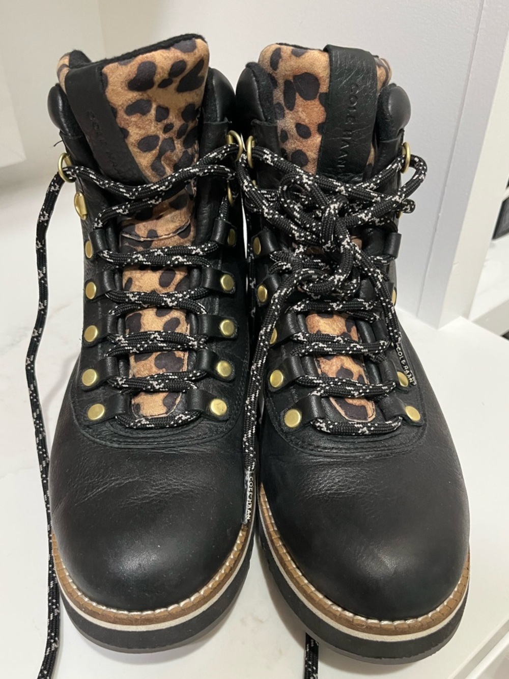 Cole Haan Women's Black Leather Hiker Boots with Leopard Accent size 8